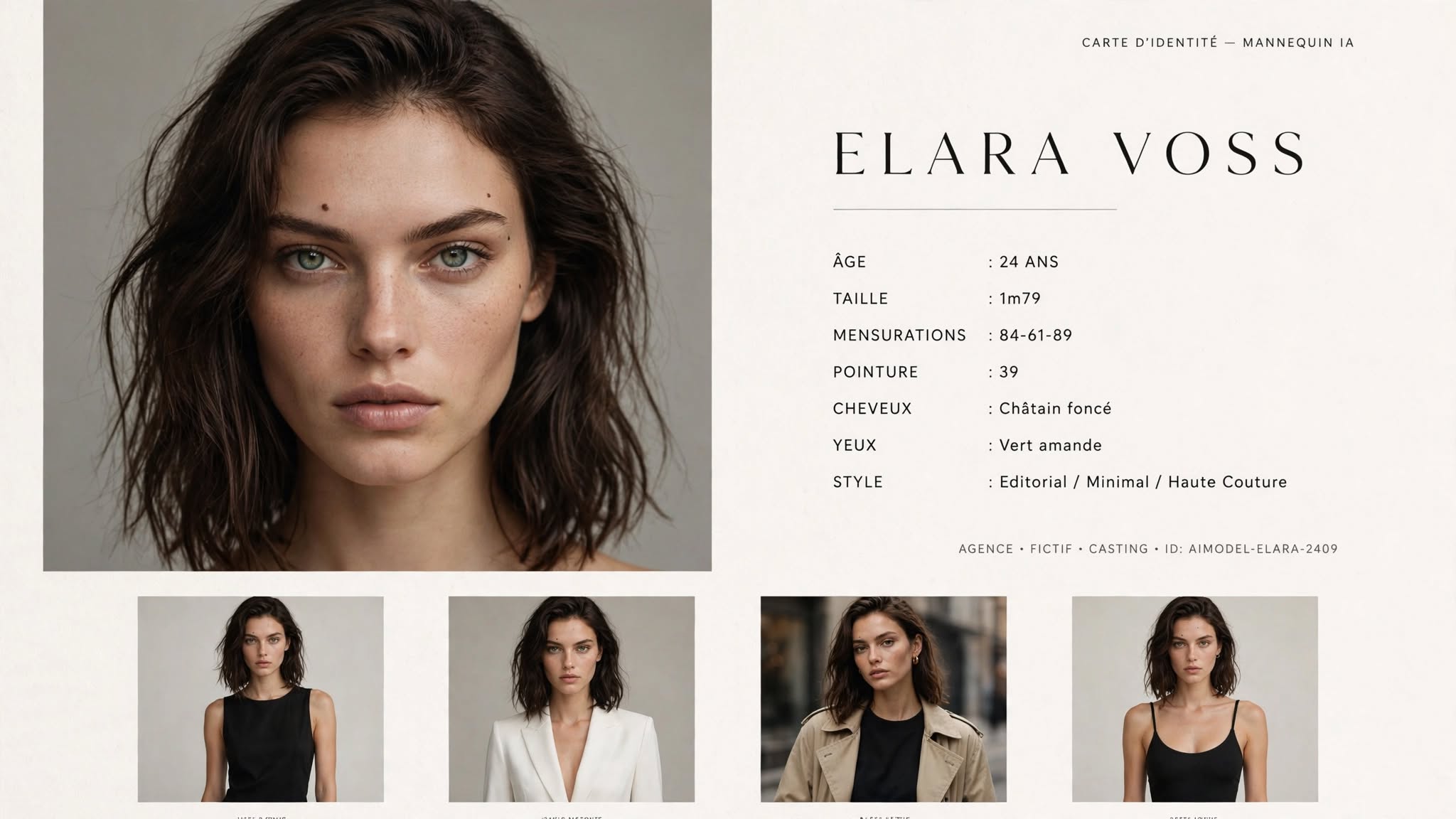 Carte d'identité d'un mannequin IA avec ses caractéristiques